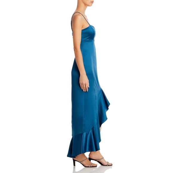 NWT Aqua Women’s Blue Ruffle Hi-Low Midi Satin Formal Dress XS - Picture 3 of 5